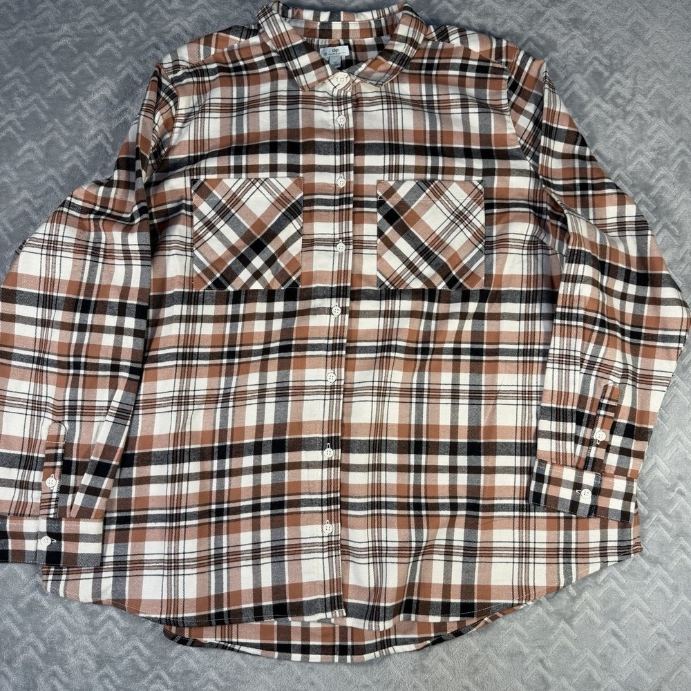 Dip Women's Brown Plaid Flannel‎ Button-Up Shirt Organic Cotton Plus Size 3X NWT